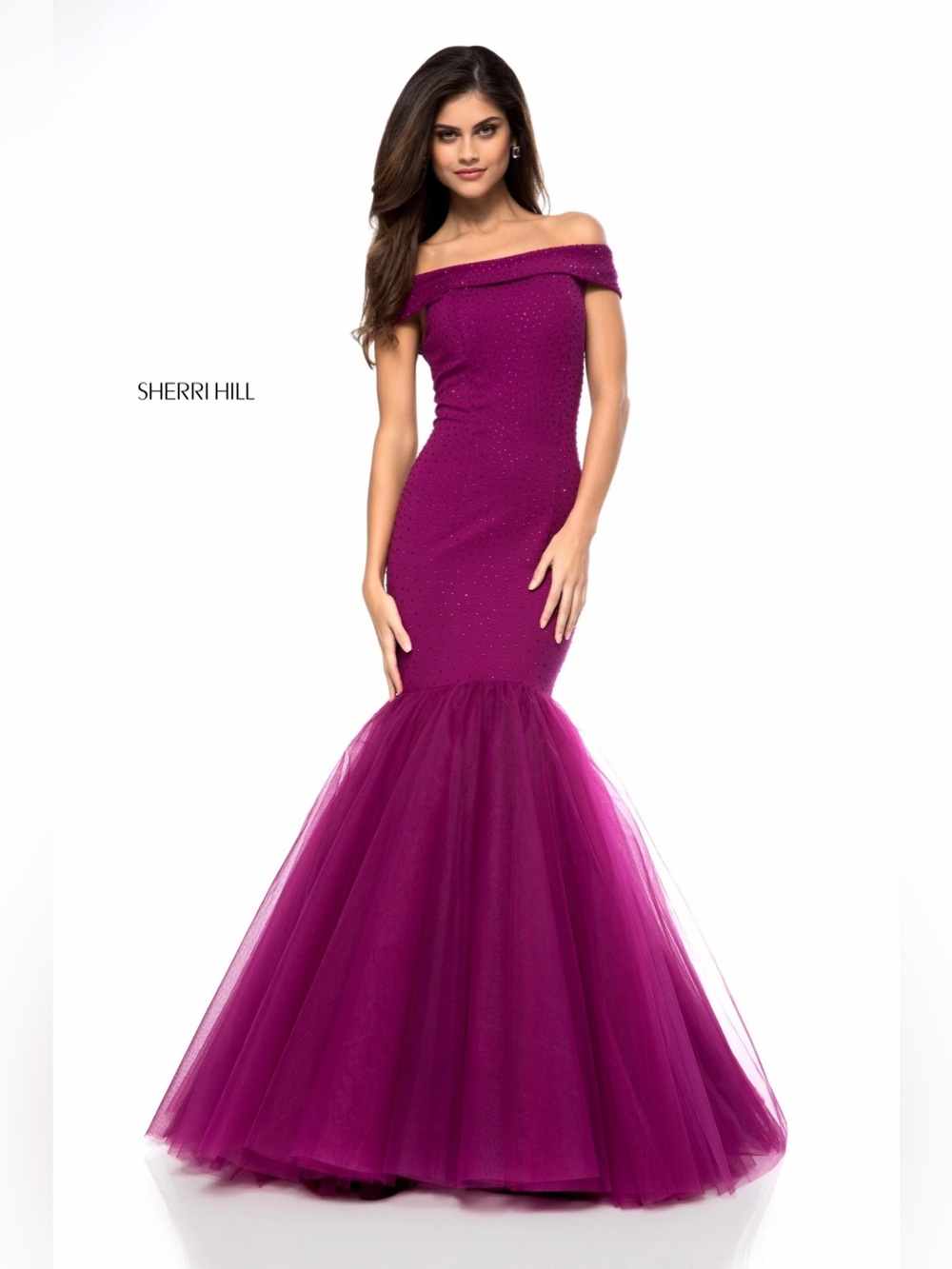 Sherri Hill Off-the-Shoulder Mermaid Gown in Plum Purple